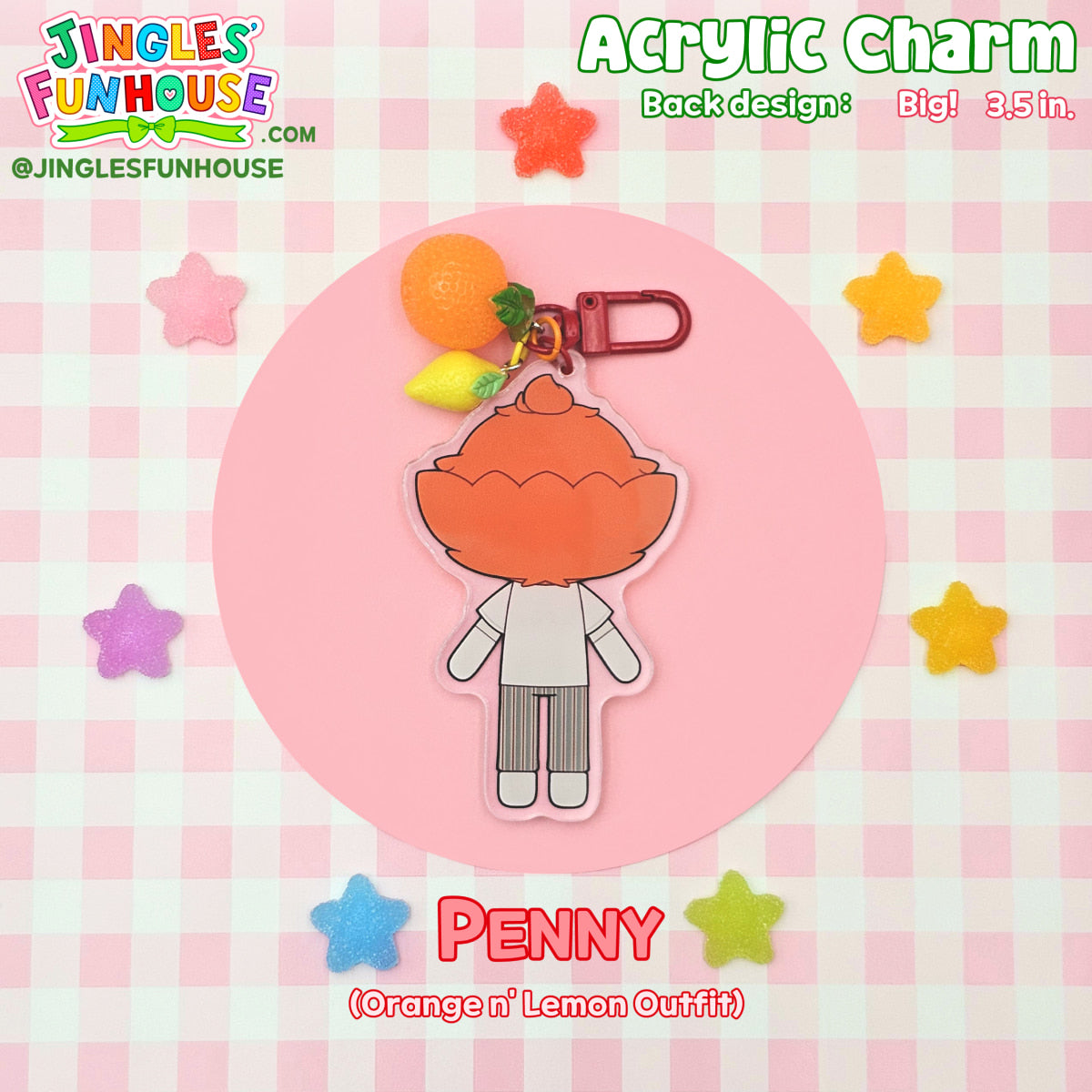 The back of a 3.5 inch big acrylic charm keychain of Pennywise from the movie "IT."
The keychain comes with a red clasp and an orange n' lemon charm attached to it.
The back design is different from the front design. The back design shows the back of Pennywise's head and body.
He is wearing an oversized white t-shirt; striped, grey pajama pants, and white bunny slippers.
Made by Jingles' Funhouse.