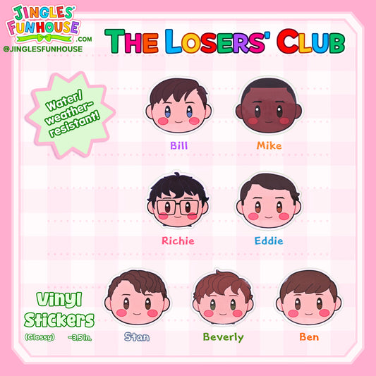 Vinyl stickers in the shape of the characters' head from the movie "IT." The characters include The Losers' Club, which include: Bill Denbrough, Mike Hanlon, Richie Tozier, Eddie Kaspbrak, Stan Uris, Beverly Marsh, and Ben Hanscom.
The stickers are glossy, have a white border, and are water/weather-resistant.
The size is approximately 3.5 inches.
Made by Jingles' Funhouse.
