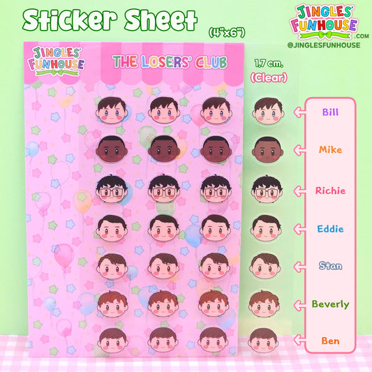 A 4x6 inch clear vinyl sticker sheet in the shape of the characters' head from the movie "IT." The characters include The Losers' Club, which includes: Bill Denbrough, Mike Hanlon, Richie Tozier, Eddie Kaspbrak, Stan Uris, Beverly Marsh, and Ben Hanscom.
The vinyl stickers are kiss-cut, glossy, have a transparent border, and are water/weather-resistant.
There are a total of 28 sticker, with 4 stickers of each character's head.
The size of each sticker is approximately 1.7 cm.
Made by Jingles' Funhouse