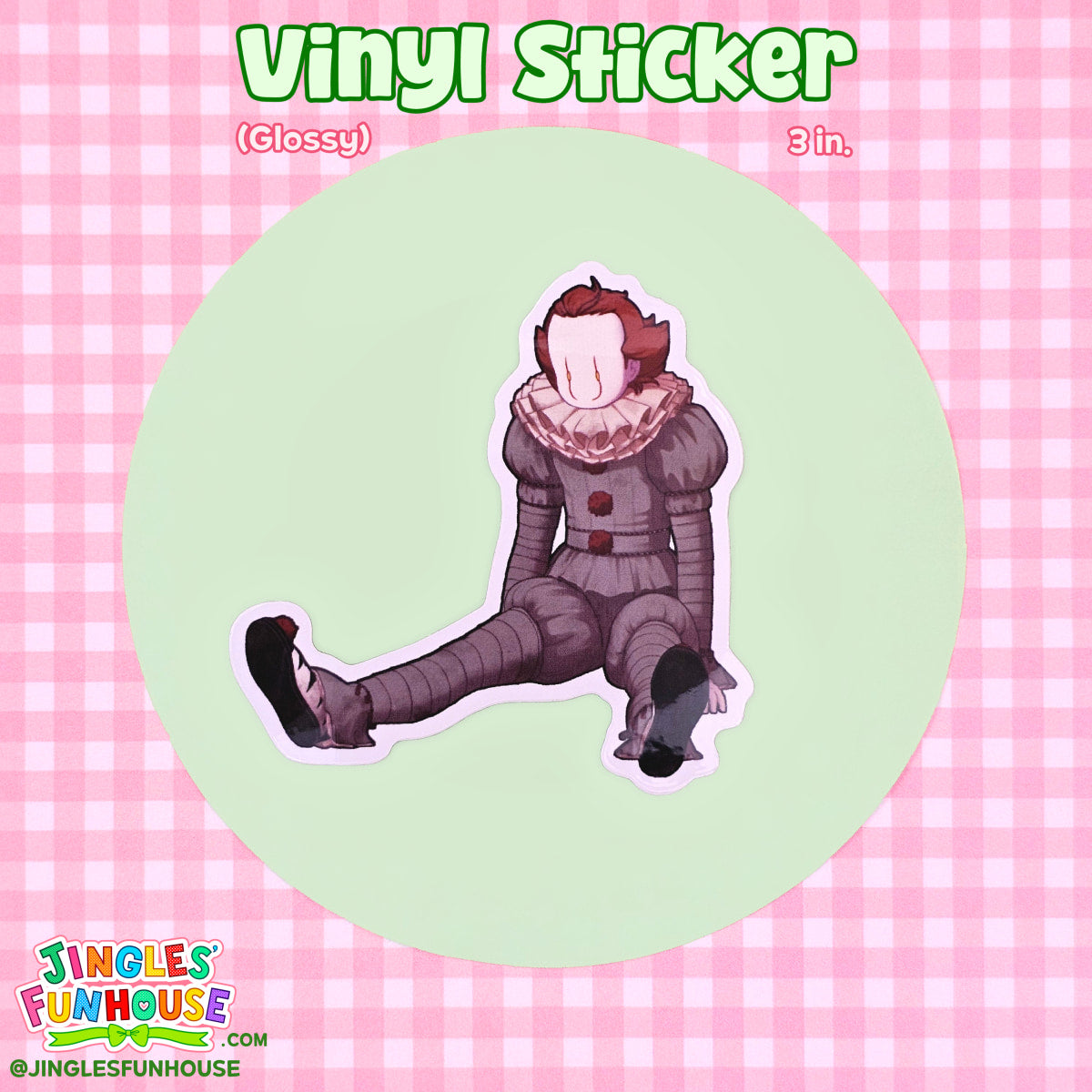A 3 inch vinyl sticker of Pennywise from the movie "IT."
Pennywise is sitting on the ground like a doll, with his legs stretched out and his arms to his sides. He looks absent-minded; his eyes are staring forward and slightly down towards the ground.
The vinyl sticker is glossy, has a white border, and is water/weather-resistant.
Made by Jingles' Funhouse.