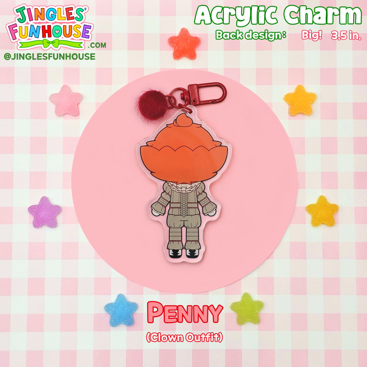 A 3.5 inch big acrylic charm keychain of Pennywise from the movie "IT."

The keychain comes with a red clasp and red pom-pom charm attached to it.

The back design is different form the front design. The back design shows the back of Pennywise's head and body.

Made by Jingles' Funhouse.