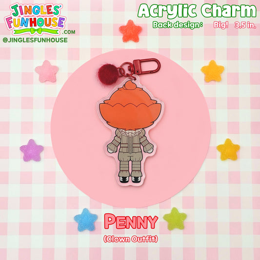 A 3.5 inch big acrylic charm keychain of Pennywise from the movie "IT."

The keychain comes with a red clasp and red pom-pom charm attached to it.

The back design is different form the front design. The back design shows the back of Pennywise's head and body.

Made by Jingles' Funhouse.