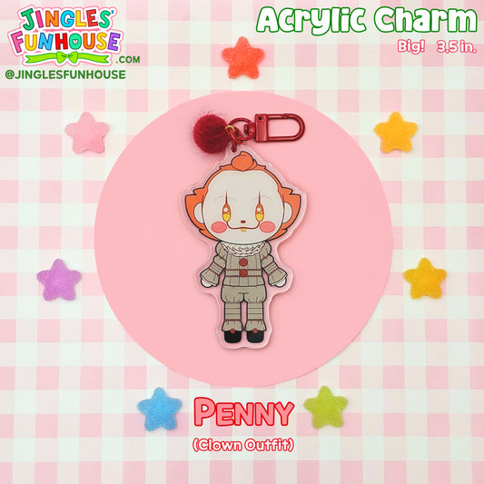 A 3.5 inch big acrylic charm keychain of Pennywise from the movie "IT."

The keychain comes with a red clasp and red pom-pom charm attached to it.

Pennywise is wearing his usual clown outift. 

Made by Jingles' Funhouse.