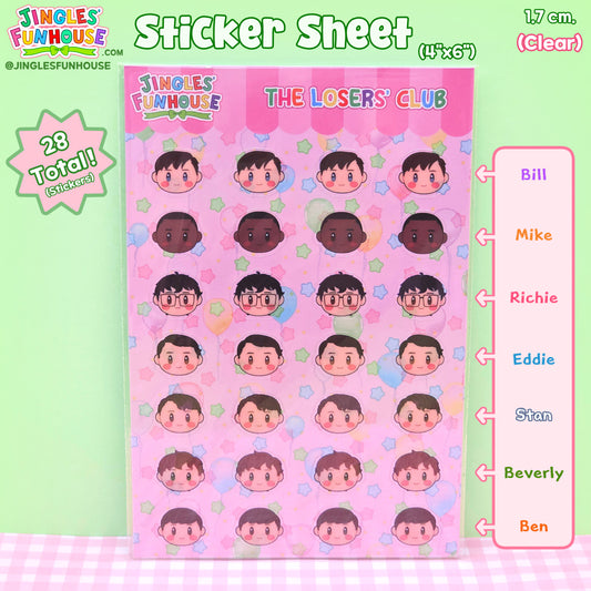 A 4x6 inch clear vinyl sticker sheet in the shape of the characters' head from the movie "IT." The characters include The Losers' Club, which includes: Bill Denbrough, Mike Hanlon, Richie Tozier, Eddie Kaspbrak, Stan Uris, Beverly Marsh, and Ben Hanscom.

The vinyl stickers are kiss-cut, glossy, have a transparent border, and are water/weather-resistant. 

There are a total of 28 sticker, with 4 stickers of each character's head. 

The size of each sticker is approximately 1.7 cm.

Made by Jingles' Funhouse