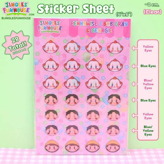 A 4x6 inch clear vinyl sticker sheet in the shape of the characters' head from the movie "IT." The characters include: Pennywise, Bob Gray, & Georgie.

The vinyl stickers are kiss-cut, glossy, have a transparent border, & are water/weather-resistant. 

There are a total of 28 stickers: There are 4 heads in 7 rows. Georgie has 1 row. Each row of Penny & Bob Gray has their own eye color: yellow eyes, blue eyes, and blue/yellow eyes.

The size of each sticker is approximately 2 cm.

Made by Jingles' Funhouse