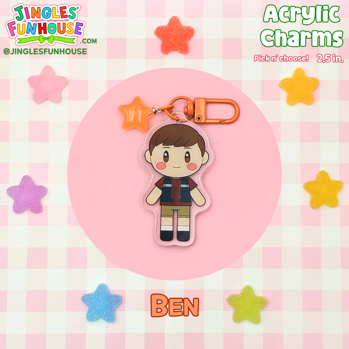 A 2.5 inch acrylic charm keychain of Ben Hanscom (from the movie "IT"). 

The keychain has an orange clasp and orange star charm attached to it. 

Made by Jingles' Funhouse.