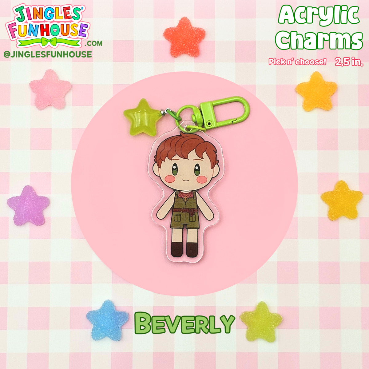 A 2.5 inch acrylic charm keychain of Beverly Marsh (from the movie "IT"). 

The keychain has a light green clasp and light green star charm attached to it.

 Made by Jingles' Funhouse.