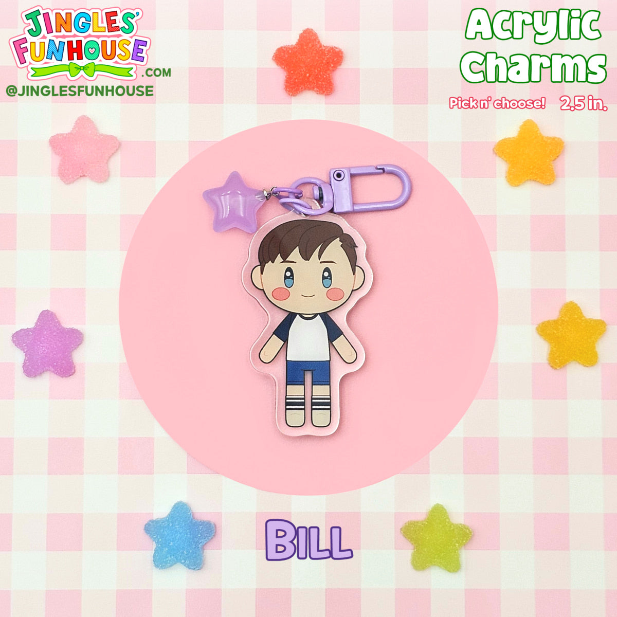 A 2.5 inch acrylic charm keychain of Bill Denbrough (from the movie "IT"). 

The keychain has a purple clasp and purple star charm attached to it. 

Made by Jingles' Funhouse.