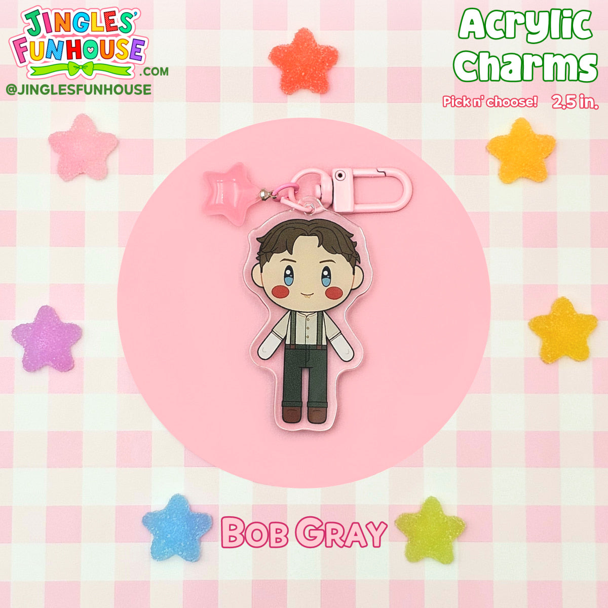 A 2.5 inch acrylic charm keychain of Bob Gray (from the movie "IT"). 

The keychain has a light pink clasp and light pink star charm attached to it. 

Made by Jingles' Funhouse.