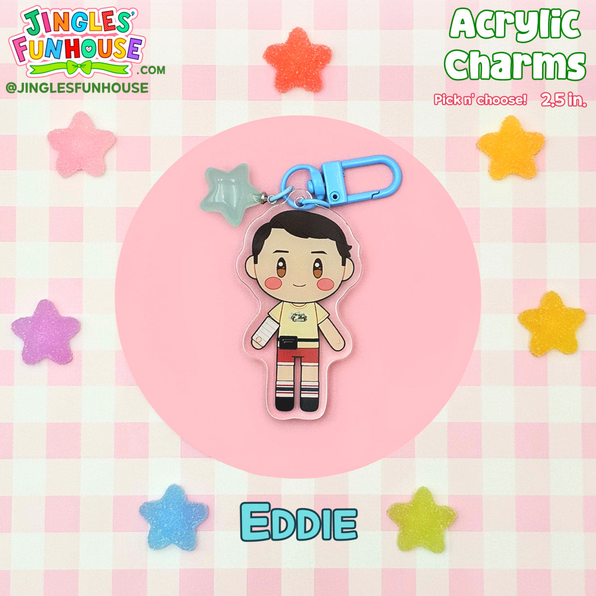 A 2.5 inch acrylic charm keychain of Eddie Kaspbrak (from the movie "IT"). 

The keychain has a light blue clasp and light blue star charm attached to it. 

Made by Jingles' Funhouse.