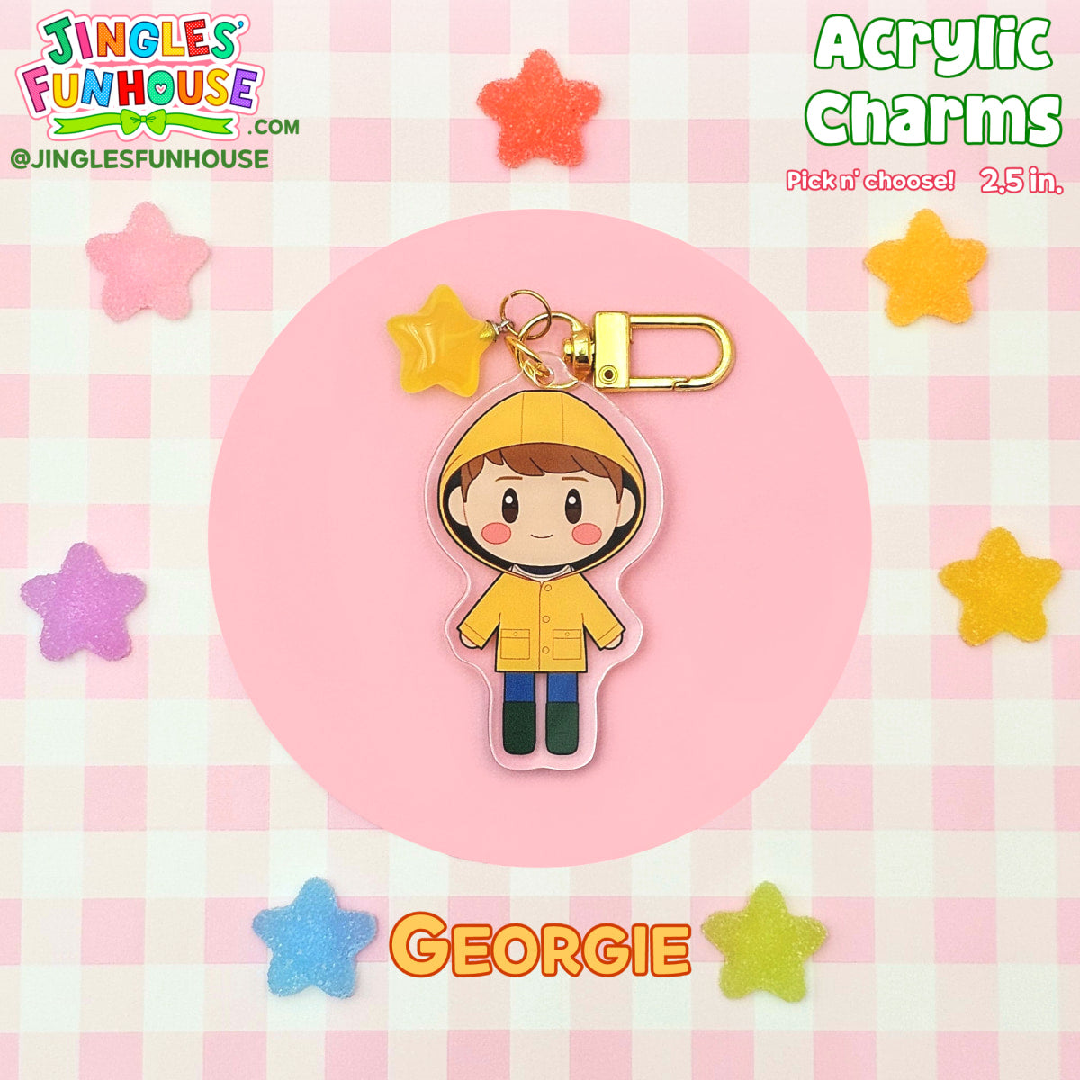A 2.5 inch acrylic charm keychain of Georgiel Denbrough (from the movie "IT"). 

The keychain has a gold clasp and yellow star charm attached to it. 

Made by Jingles' Funhouse.