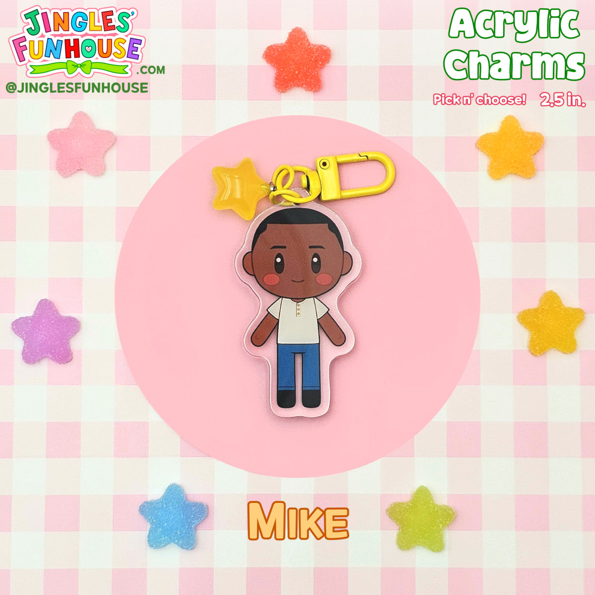 A 2.5 inch acrylic charm keychain of Mike Hanlon (from the movie "IT"). 

The keychain has a yellow clasp and yellow star charm attached to it. 

Made by Jingles' Funhouse.