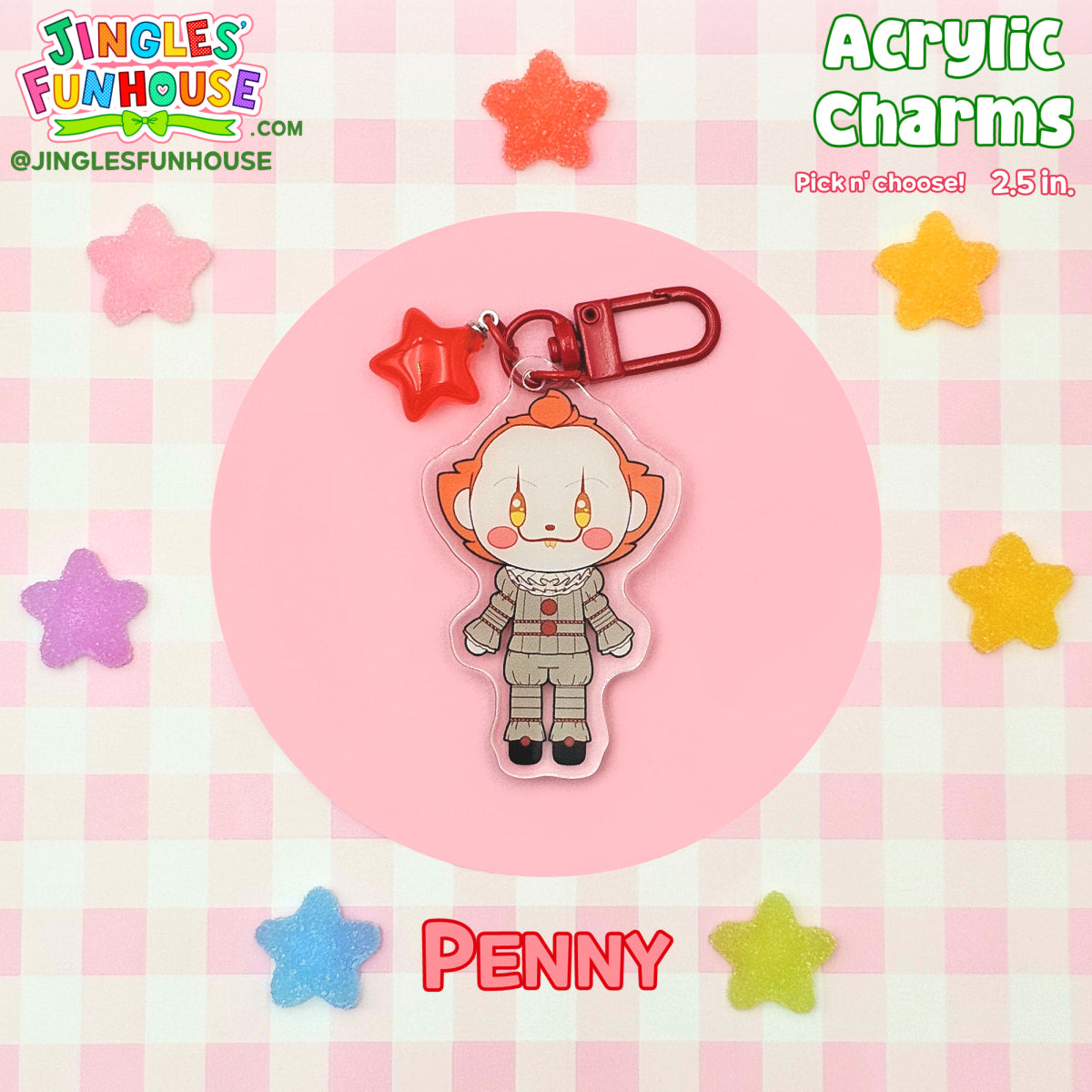 A 2.5 inch acrylic charm keychain of Pennywise (from the movie "IT"). 

The keychain has a red clasp and red star charm attached to it. 

Made by Jingles' Funhouse.
