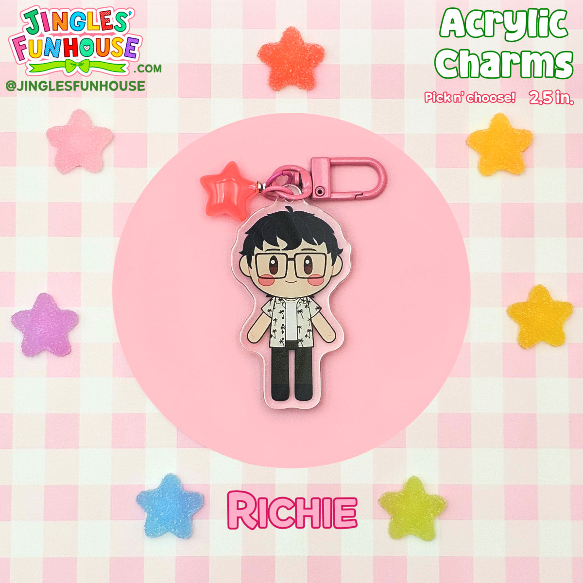 A 2.5 inch acrylic charm keychain ofRichie Tozier (from the movie "IT"). 

The keychain has a hot pink clasp and hot pink star charm attached to it.

Made by Jingles' Funhouse.