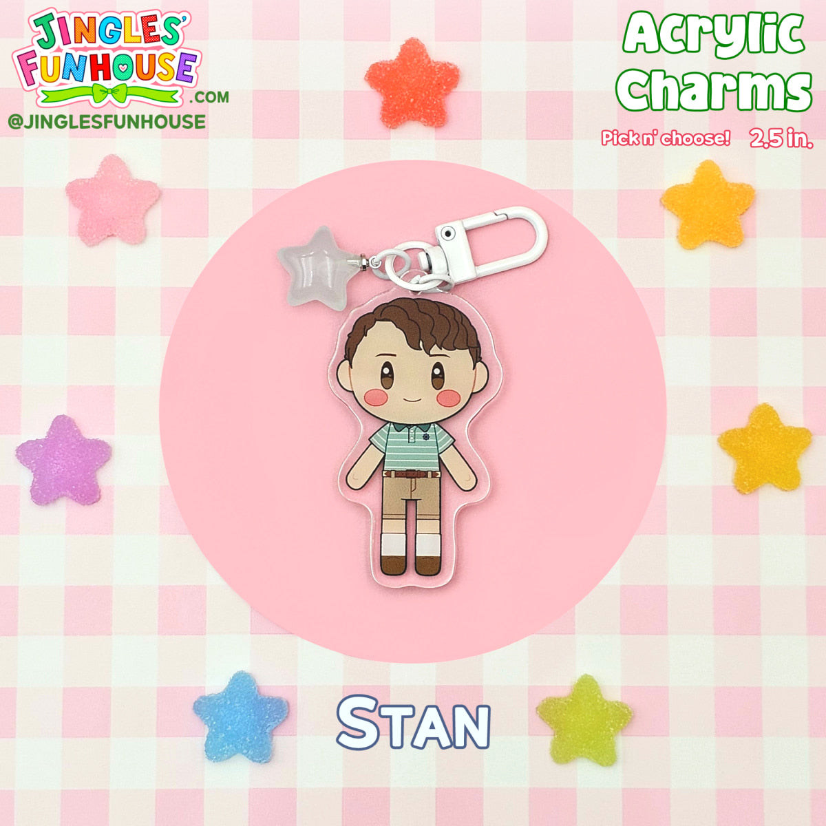 A 2.5 inch acrylic charm keychain of Stan Uris (from the movie "IT"). 

The keychain has a white clasp and white star charm attached to it. 

Made by Jingles' Funhouse.