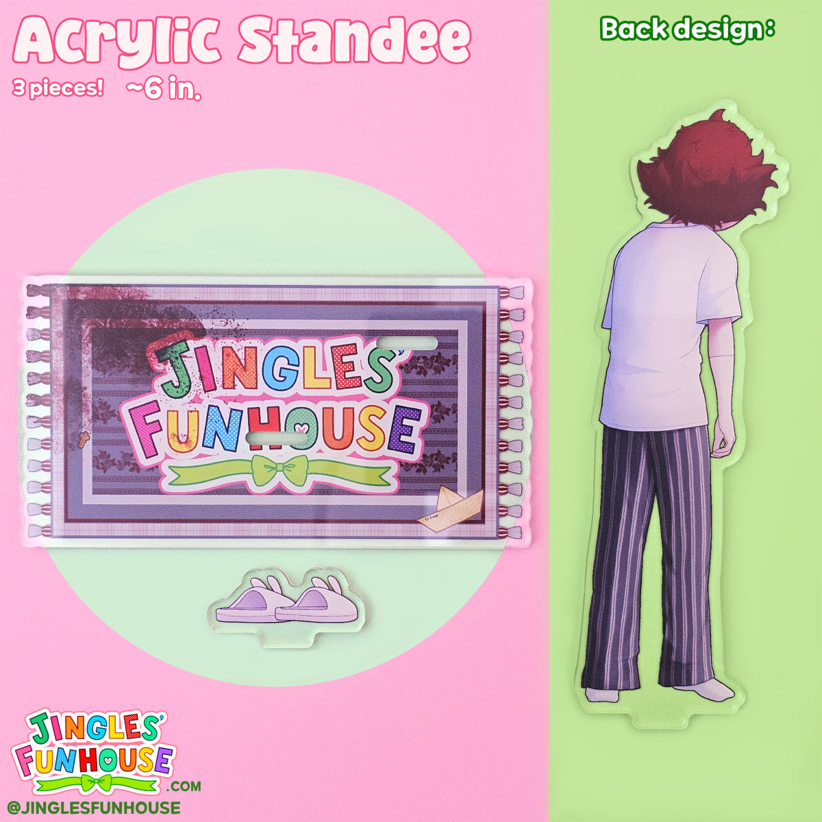 The back of a 6 inch tall acrylic standee of Pennywise from the movie "IT". The back design is different from the front. The back shows the back of the items and the back of Pennywise's head and body.

The acrylic standee comes with 3 pieces: Pennywise, small white bunny slippers with red eyes, and a grey rug base (with the top left corner of the rug covered in blood). 

Made by Jingles' Funhouse.