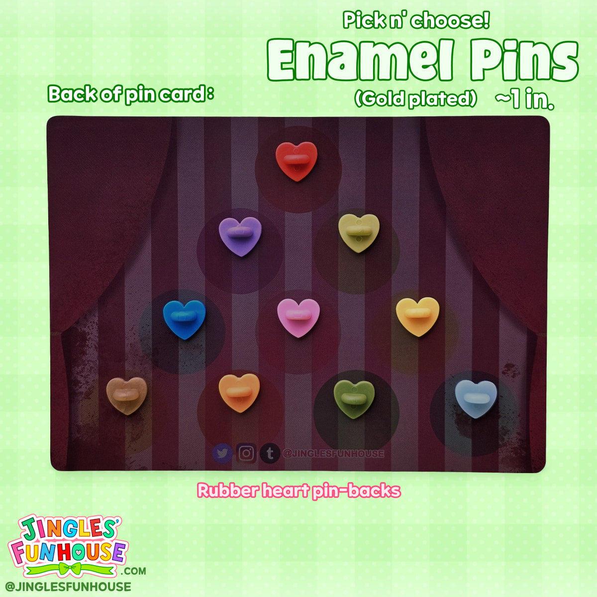 The back of the colorful backing card for the hard enamel pins of The Losers' Club, Pennywise, Bob Gray, and Georgie. 

Each character has a different-colored, rubber heart-shaped pin-back; the back of the backing card showcases the pin-backs. 

The colors for each character's pin-back are as follows: Bill (Purple), Mike (Yellow), Richie (Pink), Eddie (Dark Blue), Stan (Light Blue), Beverly (Dark Green), Ben (Orange), Georgie (Gold), Pennywise (Red), and Bob Gray (Light Green). 

Made by Jingles' Funhouse.