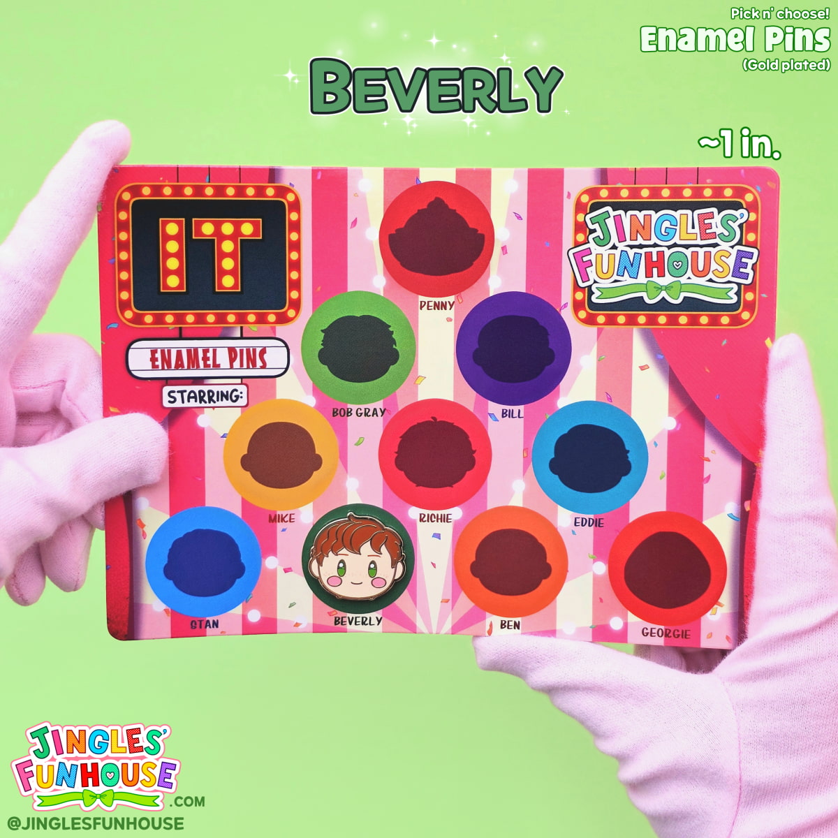 A hard enamel pin of Beverly Marsh (from the movie "IT") attached onto a colorful backing card. 

The size of the pin is approximately 1 inch. 

Made by Jingles' Funhouse.