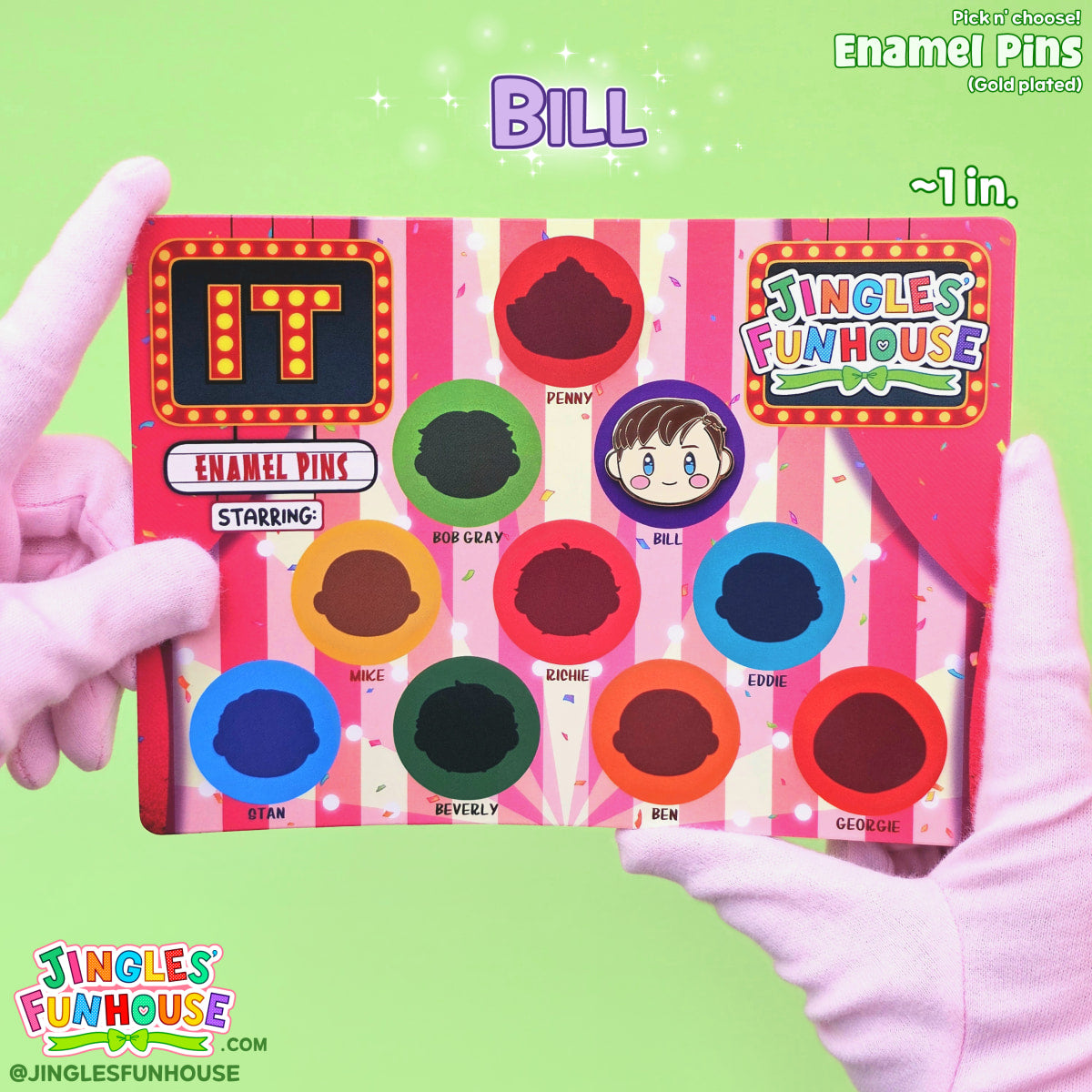 A hard enamel pin of Bill Denbrough (from the movie "IT") attached onto a colorful backing card. 

The size of the pin is approximately 1 inch. 

Made by Jingles' Funhouse.