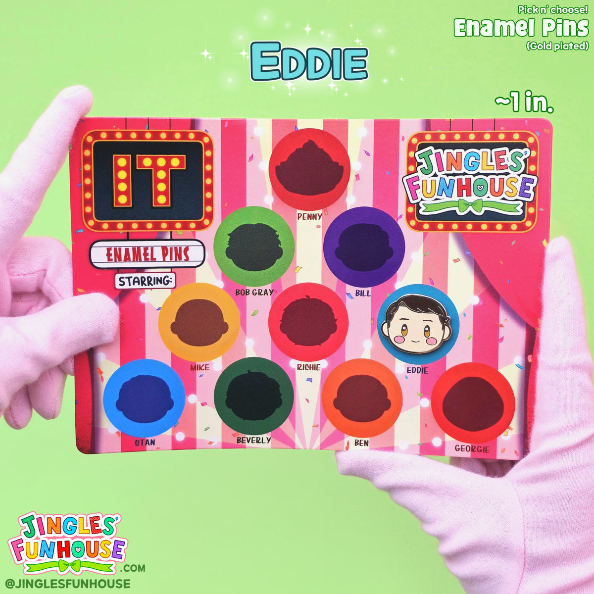 A hard enamel pin of Eddie Kaspbrak (from the movie "IT") attached onto a colorful backing card.

The size of the pin is approximately 1 inch. 

Made by Jingles' Funhouse.