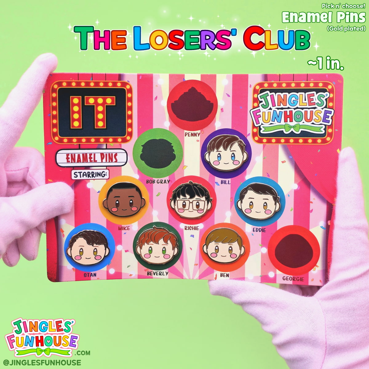 Hard enamel pins in the shape of the characters' head from the movie "IT", attached onto a colorful backing card. The characters include The Losers' Club, which includes: Bill Denbrough, Mike Hanlon, Richie Tozier, Eddie Kaspbrak, Stan Uris, Beverly Marsh, and Ben Hanscom.

The size of the pins is approximately 1 inch. 

Made by Jingles' Funhouse.