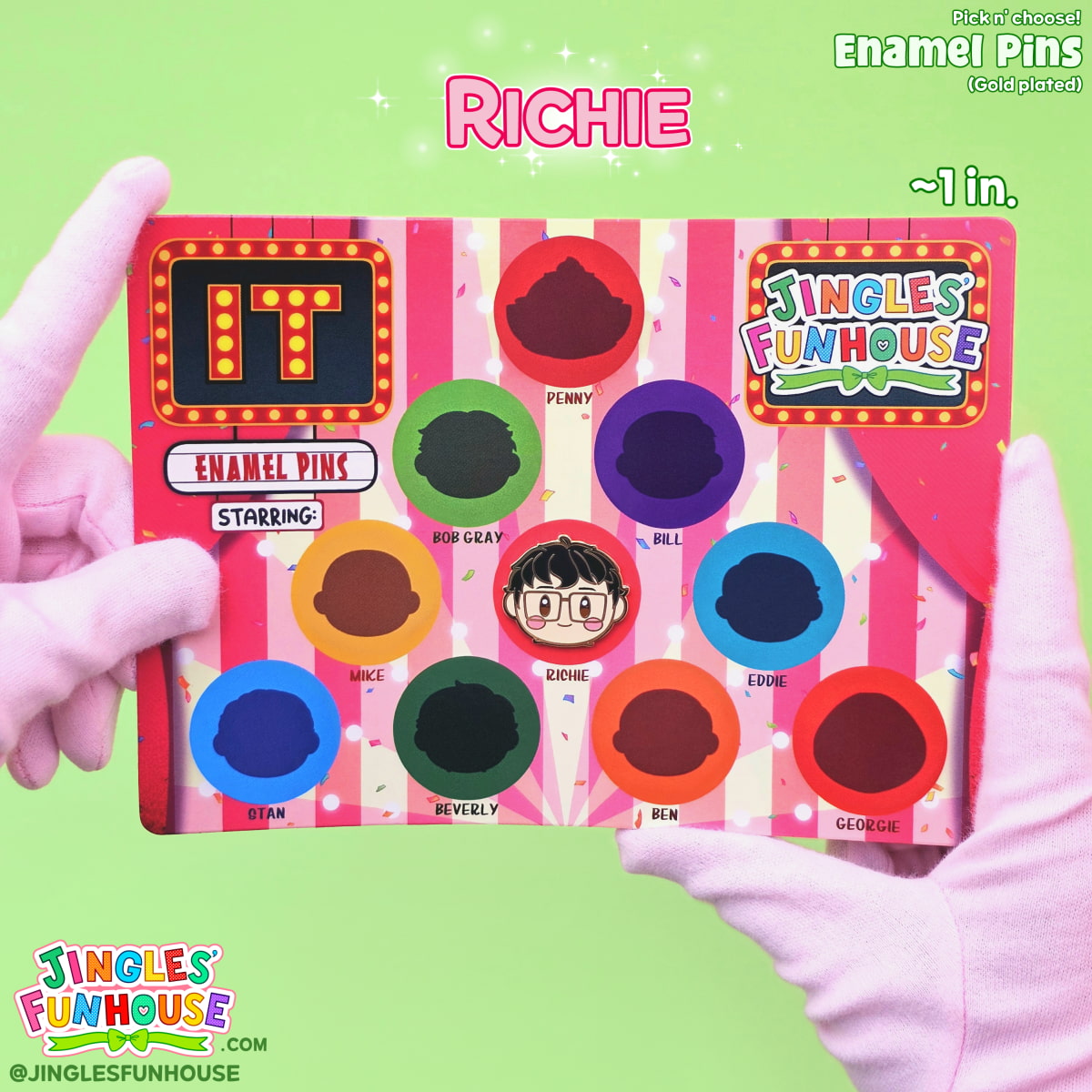 A hard enamel pin of Richie Tozier (from the movie "IT") attached onto a colorful backing card.

The size of the pin is approximately 1 inch. 

Made by Jingles' Funhouse.