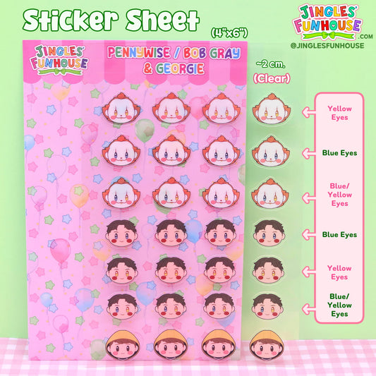 A 4x6 inch clear vinyl sticker sheet in the shape of the characters' head from the movie "IT." The characters include: Pennywise, Bob Gray, & Georgie.

The vinyl stickers are kiss-cut, glossy, have a transparent border, & are water/weather-resistant. 

There are a total of 28 stickers: There are 4 heads in 7 rows. Georgie has 1 row. Each row of Penny & Bob Gray has their own eye color: yellow eyes, blue eyes, and blue/yellow eyes.

The size of each sticker is approximately 2 cm.

Made by Jingles' Funhouse
