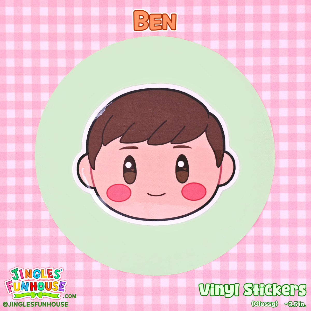 A vinyl sticker of Ben Hanscom, in the shape of his head, from the movie "IT." 

The sticker is glossy, has a white border, and is water/weather-resistant.

The size is approximately 3.5 inches.

Made by Jingles' Funhouse.