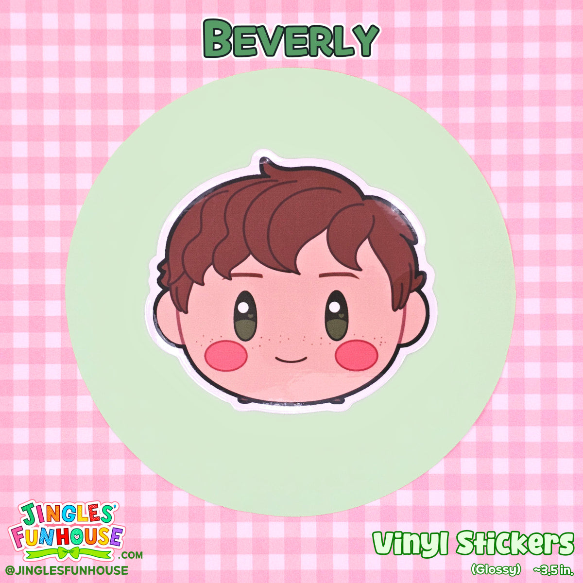 A vinyl sticker of Beverly Marsh, in the shape of his head, from the movie "IT." 

The sticker is glossy, has a white border, and is water/weather-resistant.

The size is approximately 3.5 inches.

Made by Jingles' Funhouse.