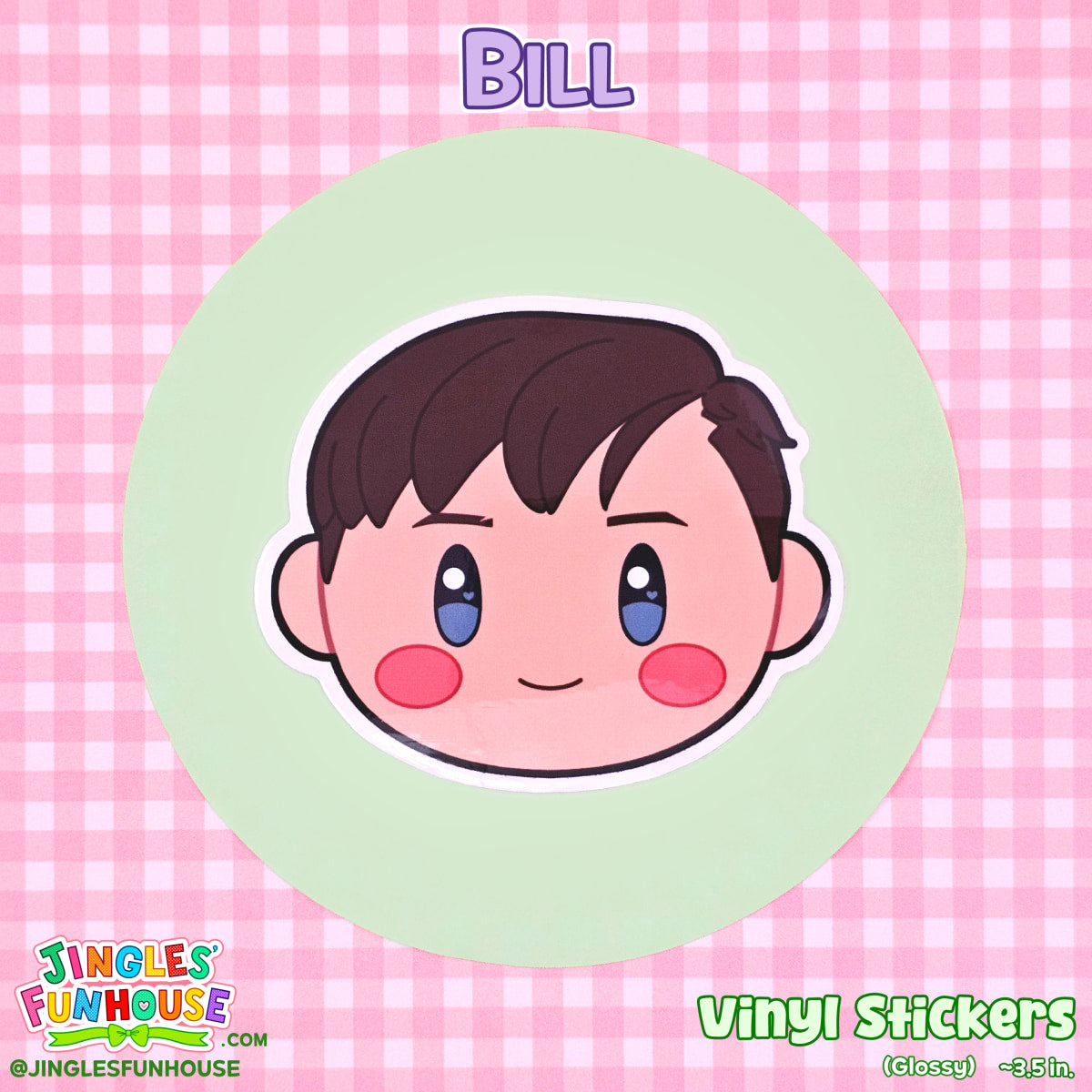 A vinyl sticker of Bill Denbrough, in the shape of his head, from the movie "IT." 

The sticker is glossy, has a white border, and is water/weather-resistant.

The size is approximately 3.5 inches.

Made by Jingles' Funhouse.