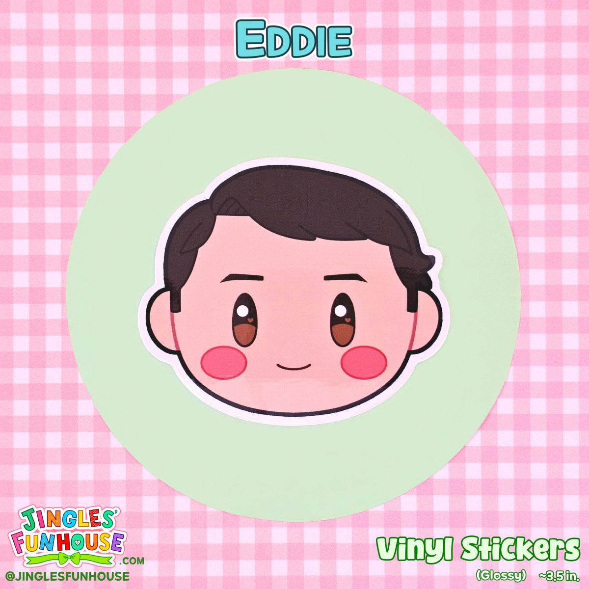 A vinyl sticker of Eddie Kaspbrak, in the shape of his head, from the movie "IT." 

The sticker is glossy, has a white border, and is water/weather-resistant.

The size is approximately 3.5 inches.

Made by Jingles' Funhouse.