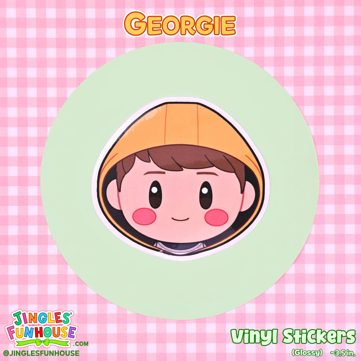 A vinyl sticker of Georgie Denbrough, in the shape of his head, from the movie "IT." 

The sticker is glossy, has a white border, and is water/weather-resistant.

The size is approximately 3.5 inches.

Made by Jingles' Funhouse.