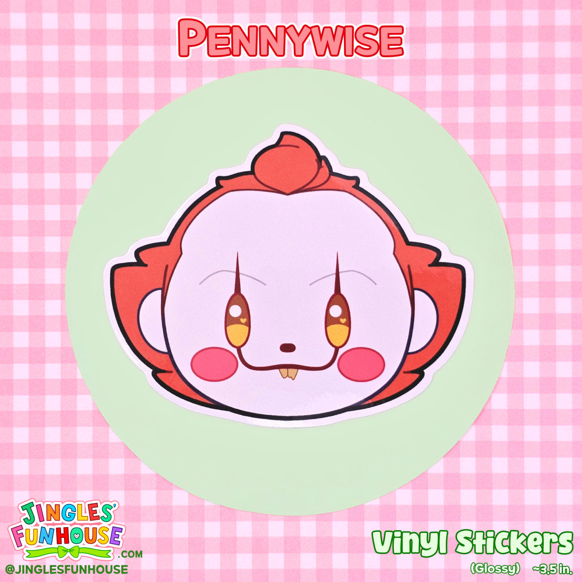A vinyl sticker of Pennywise, in the shape of his head, from the movie "IT." 

The sticker is glossy, has a white border, and is water/weather-resistant.

The size is approximately 3.5 inches.

Made by Jingles' Funhouse.