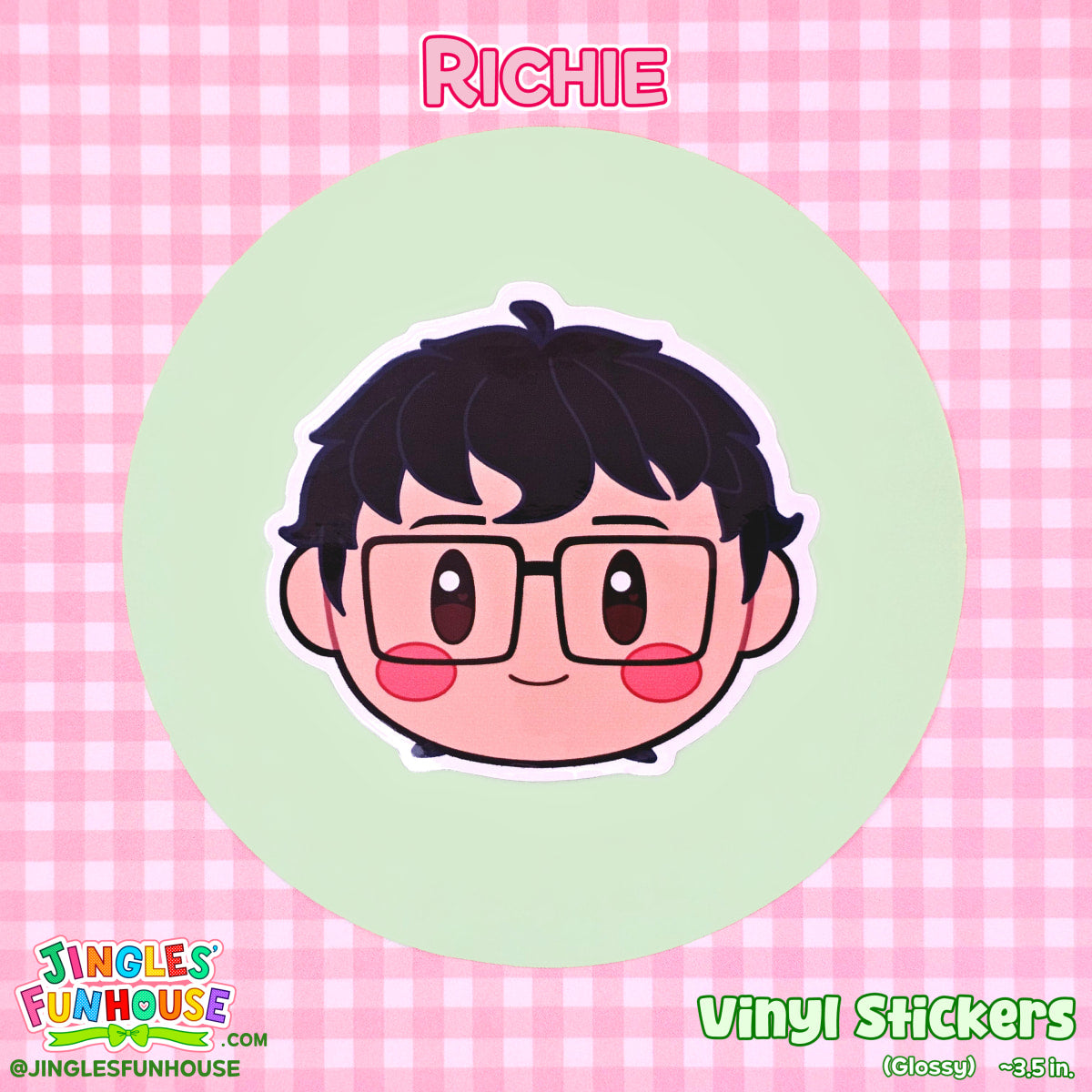 A vinyl sticker of Richie Tozier, in the shape of his head, from the movie "IT." 

The sticker is glossy, has a white border, and is water/weather-resistant.

The size is approximately 3.5 inches.

Made by Jingles' Funhouse.