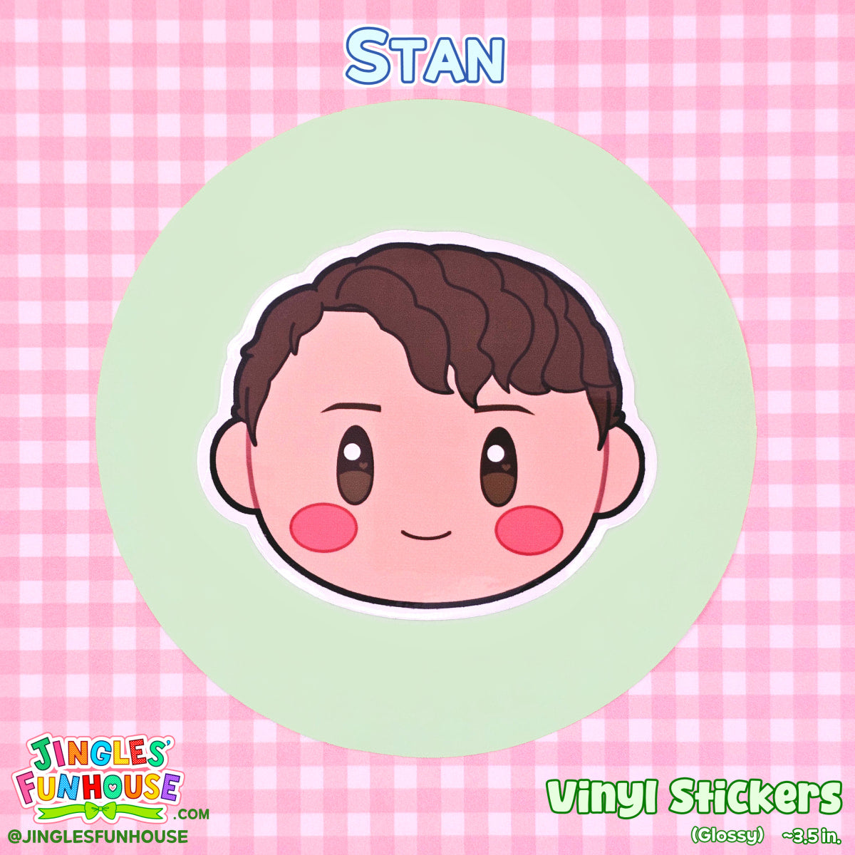 A vinyl sticker of Stan Uris, in the shape of his head, from the movie "IT." 

The sticker is glossy, has a white border, and is water/weather-resistant.

The size is approximately 3.5 inches.

Made by Jingles' Funhouse.